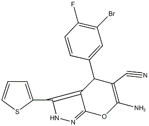 6-amino-4-(3-bromo-4-fluorophenyl)-3-(2-thienyl)-2,4-dihydropyrano[2,3-c]pyrazole-5-carbonitrile Structure