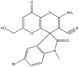 2'-amino-5-bromo-6'-(hydroxymethyl)-1-methyl-1,3,4',8'-tetrahydro-2,8'-dioxospiro(2H-indole-3,4'-pyrano[3,2-b]pyran)-3'-carbonitrile,674806-57-6,结构式