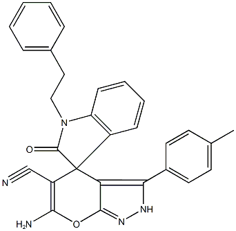 6'-amino-5'-cyano-3'-(4-methylphenyl)-1-(2-phenylethyl)-1,2',3,4'-tetrahydrospiro(2H-indole-3,4'-pyrano[2,3-c]pyrazole)-2-one 结构式