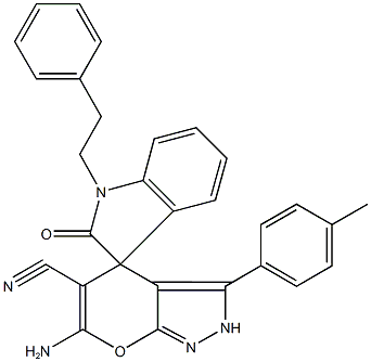 6'-amino-5'-cyano-3'-(4-methylphenyl)-1-(2-phenylethyl)-1,2',3,4'-tetrahydrospiro(2H-indole-3,4'-pyrano[2,3-c]pyrazole)-2-one,674806-59-8,结构式