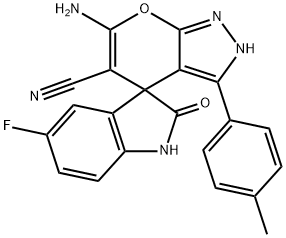 6'-amino-5'-cyano-6-fluoro-3'-(4-methylphenyl)-1,2',3,4'-tetrahydrospiro(2H-indole-3,4'-pyrano[2,3-c]pyrazole)-2-one Structure