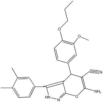 6-amino-3-(3,4-dimethylphenyl)-4-(3-methoxy-4-propoxyphenyl)-2,4-dihydropyrano[2,3-c]pyrazole-5-carbonitrile Struktur