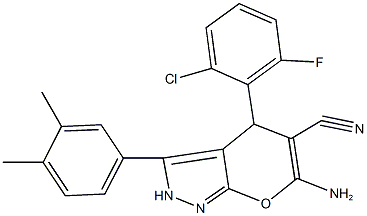 6-amino-4-(2-chloro-6-fluorophenyl)-3-(3,4-dimethylphenyl)-2,4-dihydropyrano[2,3-c]pyrazole-5-carbonitrile 结构式
