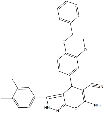 6-amino-4-[4-(benzyloxy)-3-methoxyphenyl]-3-(3,4-dimethylphenyl)-2,4-dihydropyrano[2,3-c]pyrazole-5-carbonitrile Structure