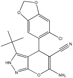 6-amino-3-tert-butyl-4-(6-chloro-1,3-benzodioxol-5-yl)-2,4-dihydropyrano[2,3-c]pyrazole-5-carbonitrile,674807-23-9,结构式