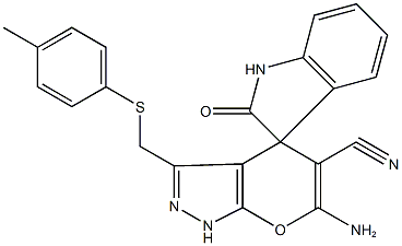 6'-amino-3'-{[(4-methylphenyl)sulfanyl]methyl}-1,1',3,4'-tetrahydro-2-oxospiro(2H-indole-3,4'-pyrano[2,3-c]pyrazole)-5'-carbonitrile,674807-31-9,结构式