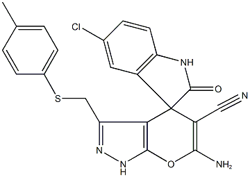 6'-amino-5-chloro-3'-{[(4-methylphenyl)sulfanyl]methyl}-1,1',3,4'-tetrahydro-2-oxospiro(2H-indole-3,4'-pyrano[2,3-c]pyrazole)-5'-carbonitrile 化学構造式