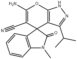 6'-amino-3'-isopropyl-1-methyl-1,2',3,4'-tetrahydro-2-oxospiro(2H-indole-3,4'-pyrano[2,3-c]pyrazole)-5'-carbonitrile Structure