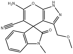 6'-amino-1-methyl-3'-(methoxymethyl)-1,2',3,4'-tetrahydro-2-oxospiro(2H-indole-3,4'-pyrano[2,3-c]pyrazole)-5'-carbonitrile,674807-47-7,结构式