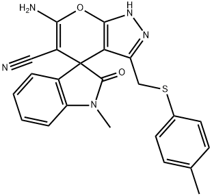 6'-amino-1-methyl-3'-{[(4-methylphenyl)sulfanyl]methyl}-1,1',3,4'-tetrahydro-2-oxospiro(2H-indole-3,4'-pyrano[2,3-c]pyrazole)-5'-carbonitrile 结构式