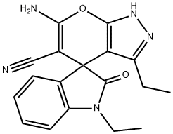 6'-amino-1,3'-diethyl-1,2',3,4'-tetrahydro-2-oxospiro(2H-indole-3,4'-pyrano[2,3-c]pyrazole)-5'-carbonitrile,674807-53-5,结构式