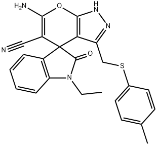 6'-amino-1-ethyl-3'-{[(4-methylphenyl)sulfanyl]methyl}-1,1',3,4'-tetrahydro-2-oxospiro(2H-indole-3,4'-pyrano[2,3-c]pyrazole)-5'-carbonitrile Structure