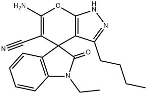 6'-amino-3'-butyl-1-ethyl-1,1',3,4'-tetrahydro-2-oxospiro(2H-indole-3,4'-pyrano[2,3-c]pyrazole)-5'-carbonitrile Structure