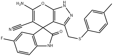 6'-amino-5-fluoro-3'-{[(4-methylphenyl)sulfanyl]methyl}-1,1',3,4'-tetrahydro-2-oxospiro(2H-indole-3,4'-pyrano[2,3-c]pyrazole)-5'-carbonitrile Structure