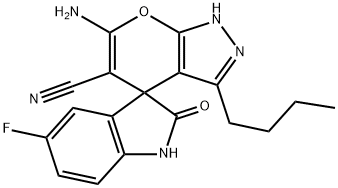6'-amino-3'-butyl-5-fluoro-1,1',3,4'-tetrahydro-2-oxospiro(2H-indole-3,4'-pyrano[2,3-c]pyrazole)-5'-carbonitrile 化学構造式