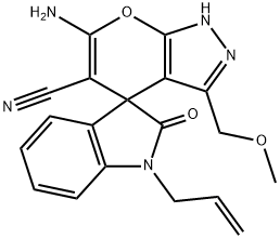 1-allyl-6'-amino-3'-(methoxymethyl)-1,2',3,4'-tetrahydro-2-oxospiro(2H-indole-3,4'-pyrano[2,3-c]pyrazole)-5'-carbonitrile Struktur