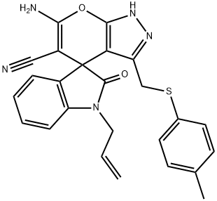 1-allyl-6'-amino-3'-{[(4-methylphenyl)sulfanyl]methyl}-1,1',3,4'-tetrahydro-2-oxospiro(2H-indole-3,4'-pyrano[2,3-c]pyrazole)-5'-carbonitrile 结构式