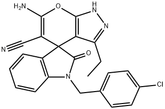 6'-amino-1-(4-chlorobenzyl)-3'-ethyl-1,2',3,4'-tetrahydro-2-oxospiro(2H-indole-3,4'-pyrano[2,3-c]pyrazole)-5'-carbonitrile|