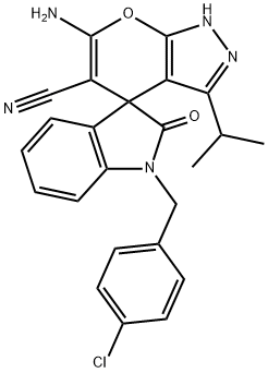 6'-amino-1-(4-chlorobenzyl)-3'-isopropyl-1,2',3,4'-tetrahydro-2-oxospiro(2H-indole-3,4'-pyrano[2,3-c]pyrazole)-5'-carbonitrile Structure