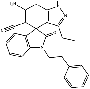 6'-amino-1-(2-phenylethyl)-3'-ethyl-1,2',3,4'-tetrahydro-2-oxospiro(2H-indole-3,4'-pyrano[2,3-c]pyrazole)-5'-carbonitrile Structure