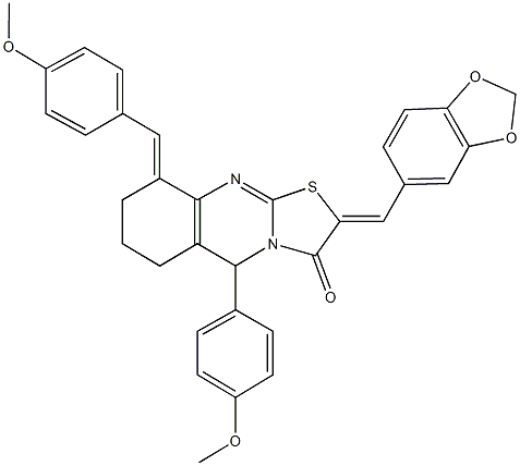 2-(1,3-benzodioxol-5-ylmethylene)-9-(4-methoxybenzylidene)-5-(4-methoxyphenyl)-6,7,8,9-tetrahydro-5H-[1,3]thiazolo[2,3-b]quinazolin-3(2H)-one Structure