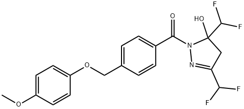 3,5-bis(difluoromethyl)-1-{4-[(4-methoxyphenoxy)methyl]benzoyl}-4,5-dihydro-1H-pyrazol-5-ol 化学構造式