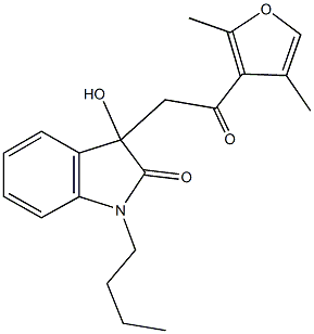 1-butyl-3-[2-(2,4-dimethyl-3-furyl)-2-oxoethyl]-3-hydroxy-1,3-dihydro-2H-indol-2-one 化学構造式