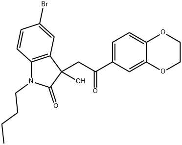 5-bromo-1-butyl-3-[2-(2,3-dihydro-1,4-benzodioxin-6-yl)-2-oxoethyl]-3-hydroxy-1,3-dihydro-2H-indol-2-one Struktur