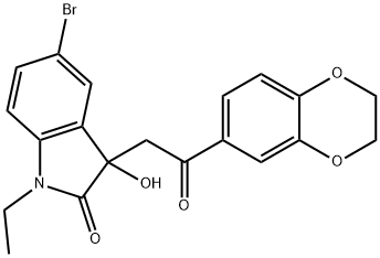 5-bromo-3-[2-(2,3-dihydro-1,4-benzodioxin-6-yl)-2-oxoethyl]-1-ethyl-3-hydroxy-1,3-dihydro-2H-indol-2-one 化学構造式