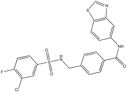 N-(1,3-benzothiazol-5-yl)-4-({[(3-chloro-4-fluorophenyl)sulfonyl]amino}methyl)benzamide 化学構造式