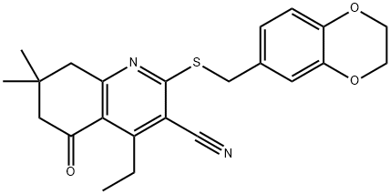 2-[(2,3-dihydro-1,4-benzodioxin-6-ylmethyl)sulfanyl]-4-ethyl-7,7-dimethyl-5-oxo-5,6,7,8-tetrahydro-3-quinolinecarbonitrile Struktur