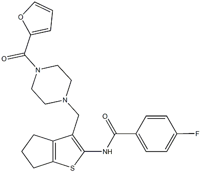 4-fluoro-N-(3-{[4-(2-furoyl)-1-piperazinyl]methyl}-5,6-dihydro-4H-cyclopenta[b]thien-2-yl)benzamide 结构式