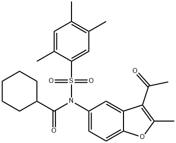 N-(3-acetyl-2-methyl-1-benzofuran-5-yl)-N-(cyclohexylcarbonyl)-2,4,5-trimethylbenzenesulfonamide Struktur