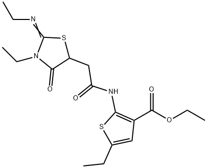 ethyl 5-ethyl-2-({[3-ethyl-2-(ethylimino)-4-oxo-1,3-thiazolidin-5-yl]acetyl}amino)-3-thiophenecarboxylate 结构式