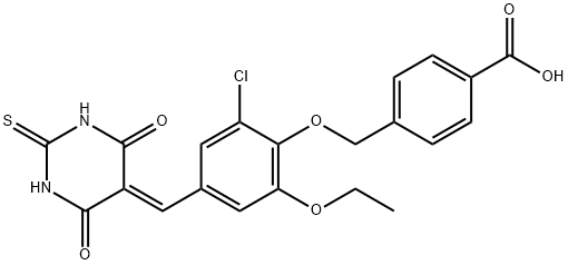 4-({2-chloro-4-[(4,6-dioxo-2-thioxotetrahydro-5(2H)-pyrimidinylidene)methyl]-6-ethoxyphenoxy}methyl)benzoic acid Structure