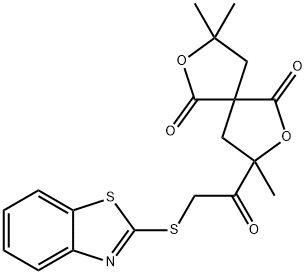 3-[(1,3-benzothiazol-2-ylsulfanyl)acetyl]-3,8,8-trimethyl-2,7-dioxaspiro[4.4]nonane-1,6-dione Struktur