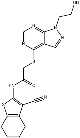 N-(3-cyano-4,5,6,7-tetrahydro-1-benzothien-2-yl)-2-{[1-(2-hydroxyethyl)-1H-pyrazolo[3,4-d]pyrimidin-4-yl]sulfanyl}acetamide 化学構造式