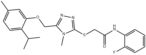 N-(2-fluorophenyl)-2-({5-[(2-isopropyl-5-methylphenoxy)methyl]-4-methyl-4H-1,2,4-triazol-3-yl}sulfanyl)acetamide 化学構造式