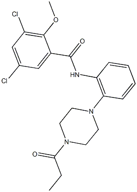 3,5-dichloro-2-methoxy-N-[2-(4-propionyl-1-piperazinyl)phenyl]benzamide Struktur