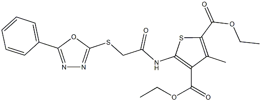 diethyl3-methyl-5-({[(5-phenyl-1,3,4-oxadiazol-2-yl)thio]acetyl}amino)-2,4-thiophenedicarboxylate Struktur