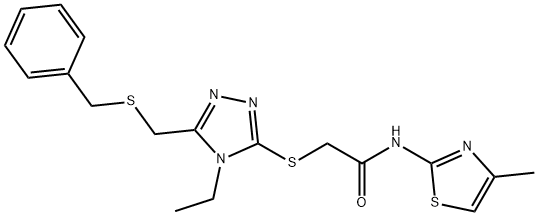 2-({5-[(benzylsulfanyl)methyl]-4-ethyl-4H-1,2,4-triazol-3-yl}sulfanyl)-N-(4-methyl-1,3-thiazol-2-yl)acetamide 结构式