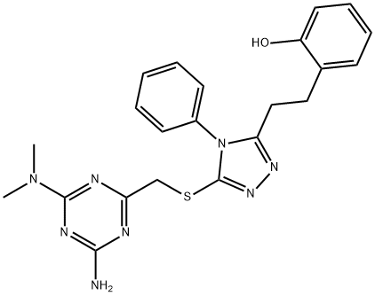 2-{2-[5-({[4-amino-6-(dimethylamino)-1,3,5-triazin-2-yl]methyl}sulfanyl)-4-phenyl-4H-1,2,4-triazol-3-yl]ethyl}phenol Structure