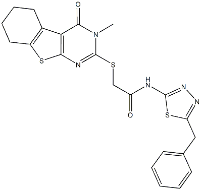 N-(5-benzyl-1,3,4-thiadiazol-2-yl)-2-[(3-methyl-4-oxo-3,4,5,6,7,8-hexahydro[1]benzothieno[2,3-d]pyrimidin-2-yl)sulfanyl]acetamide Struktur