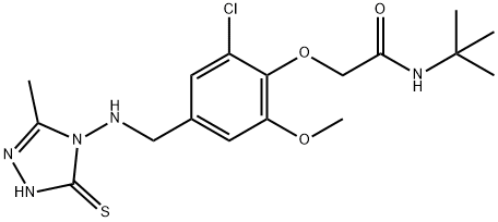 N-tert-ブチル-2-[2-メトキシ-4-[(3-メルカプト-5-メチル-4H-1,2,4-トリアゾール-4-イルアミノ)メチル]-6-クロロフェノキシ]アセトアミド 化学構造式