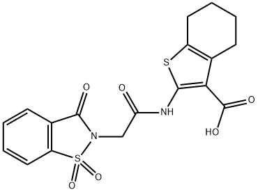 2-{[(1,1-dioxido-3-oxo-1,2-benzisothiazol-2(3H)-yl)acetyl]amino}-4,5,6,7-tetrahydro-1-benzothiophene-3-carboxylic acid 化学構造式
