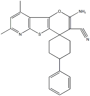 2'-amino-7',9'-dimethyl-1-phenyl-spiro(cyclohexane-4,4'-4H-pyrano[2',3':4,5]thieno[2,3-b]pyridine)-3'-carbonitrile 化学構造式