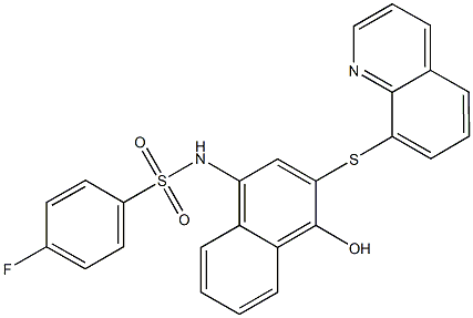 4-fluoro-N-[4-hydroxy-3-(8-quinolinylsulfanyl)-1-naphthyl]benzenesulfonamide Struktur