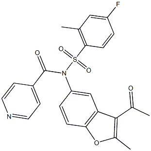 N-(3-acetyl-2-methyl-1-benzofuran-5-yl)-4-fluoro-N-isonicotinoyl-2-methylbenzenesulfonamide Struktur
