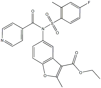 ethyl 5-[[(4-fluoro-2-methylphenyl)sulfonyl](isonicotinoyl)amino]-2-methyl-1-benzofuran-3-carboxylate Structure