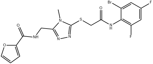 N-[(5-{[2-(2-bromo-4,6-difluoroanilino)-2-oxoethyl]sulfanyl}-4-methyl-4H-1,2,4-triazol-3-yl)methyl]-2-furamide 化学構造式